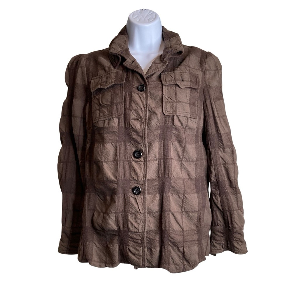 JOSEPH Brown Plaid Crinkle‎ Effect Button Up Jacket Sz S Lightweight Luxe Layer